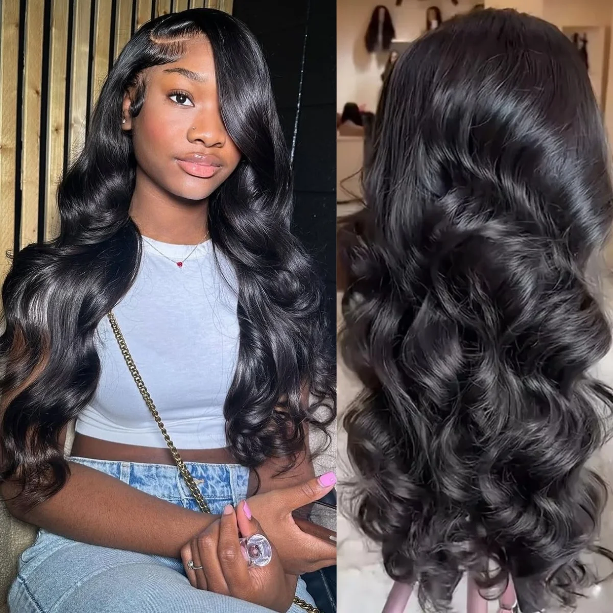 

Body Wave Lace Frontal Human Hair Wigs Transparent 220Density NaturalColor Pre Plcked With Baby Hair 13×6 Front Wig For Women 1B