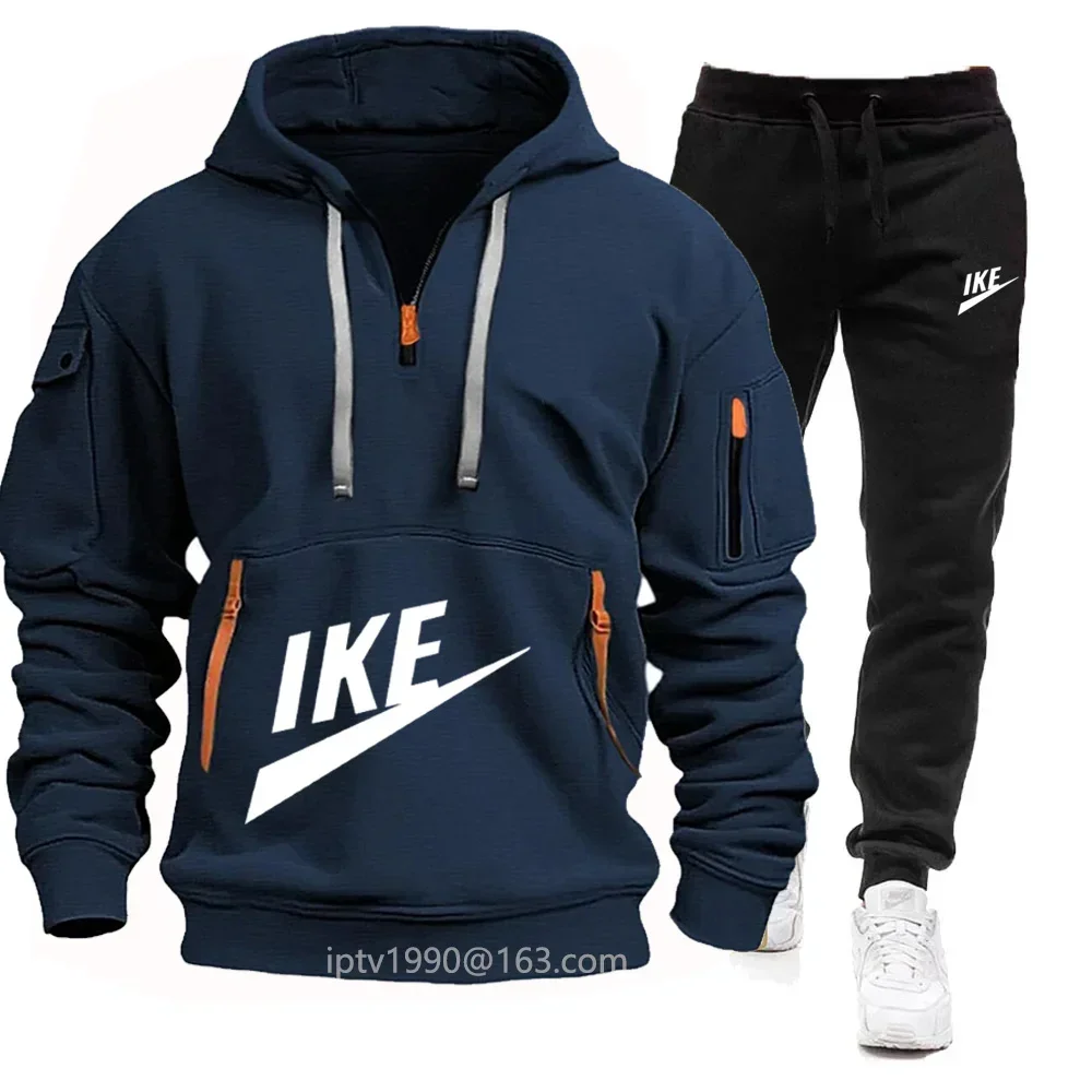 2024 Autumn/Winter thickened men's sports hoodie fashion outdoor zipper hoodie + sweatpants fitness casual sportswear set