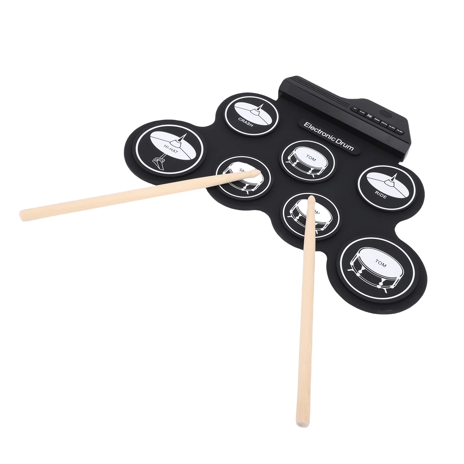 

Портативный электронный синтезатор-барабан с силиконовыми накладками, встроенным динамиком, 7 пэдами, 5 тембрами, 8 демо-песнями, входом MP3 и держателем для барабанной дыши