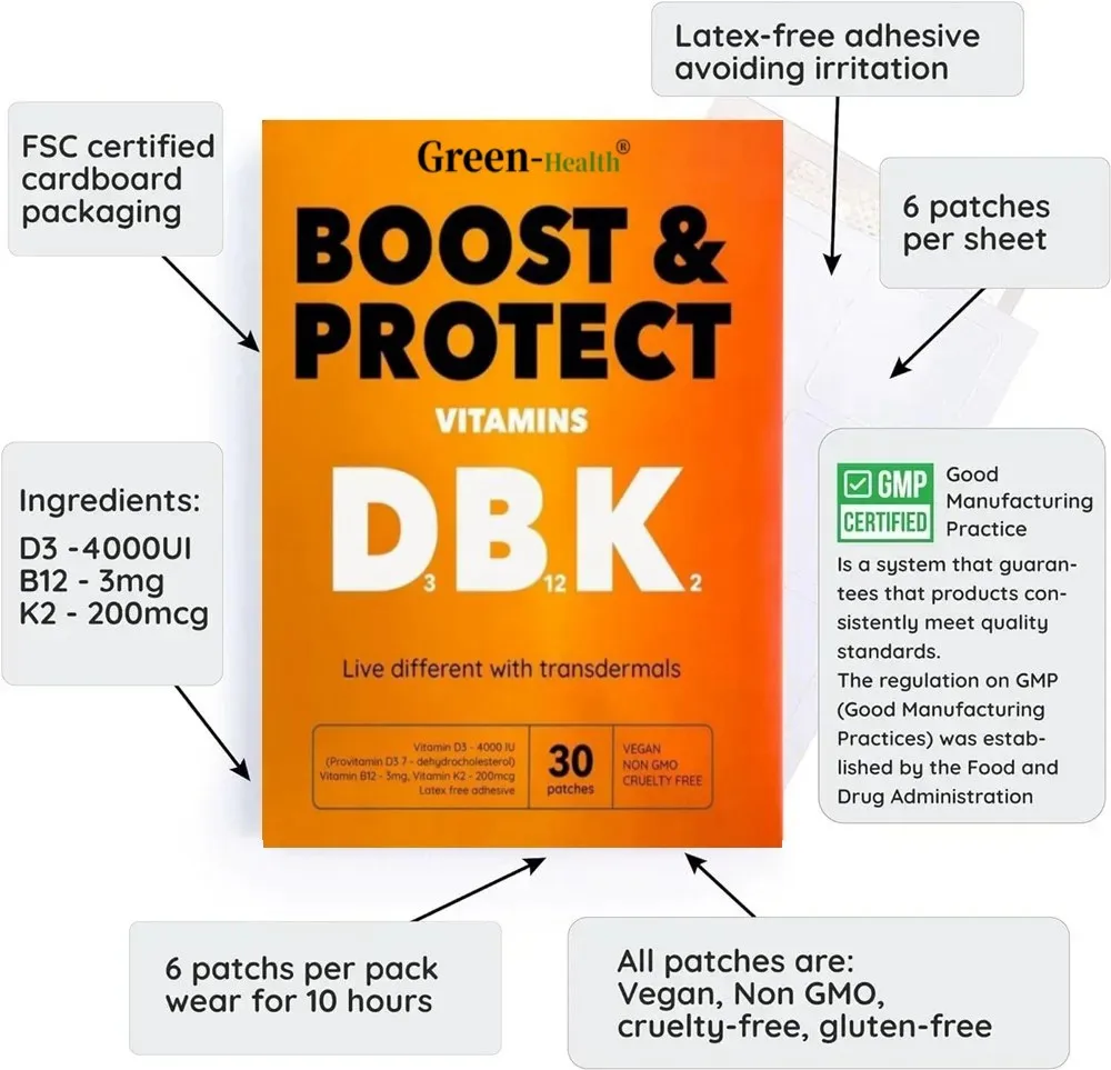 Parches transdérmicos D3, B12 y K2, 30 parches diarios, Vegano, sin crueldad, sin OGM, sin látex