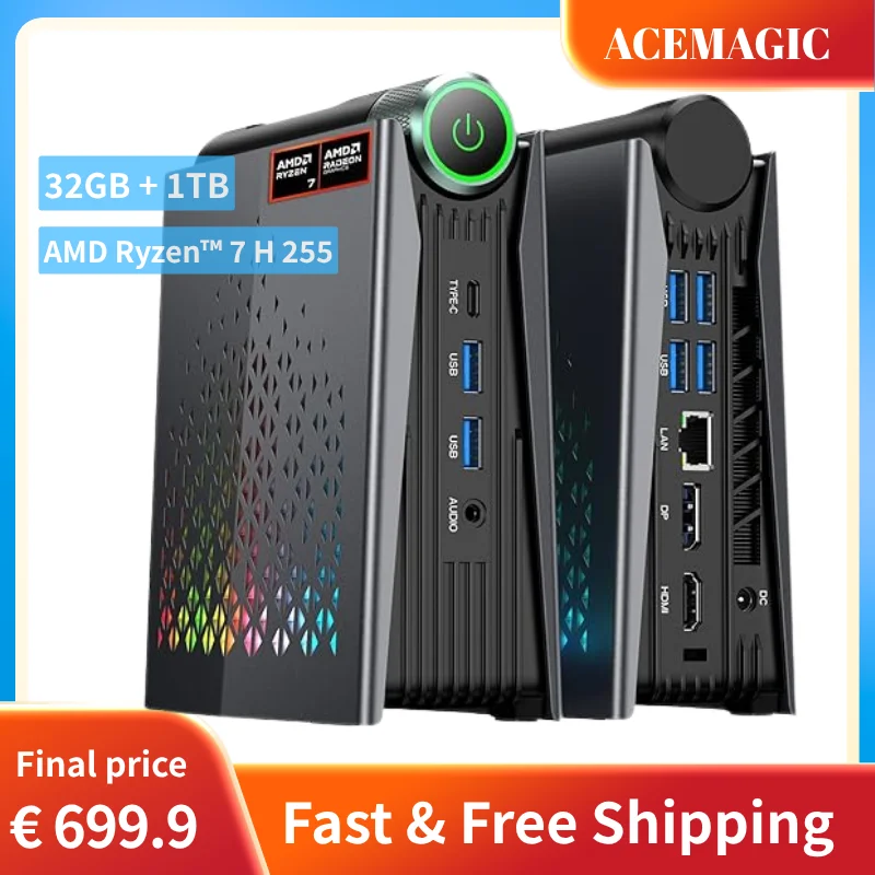 ACEMAGIC Mini-PC AMD Ryzen 7 H225 Gaming-PC 32GB LPDDR5 1TB SSD Windows 11 Pro Dreifach-4K-Display Kleiner Desktop-Computer WiFi 6