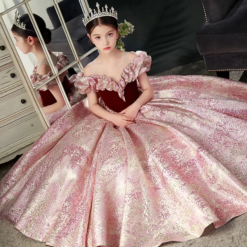 Customized Pink Flower Girl Dress For Wedding Short  Sleeve High Waist Elegant Kids Birthday Party First Communion Gown