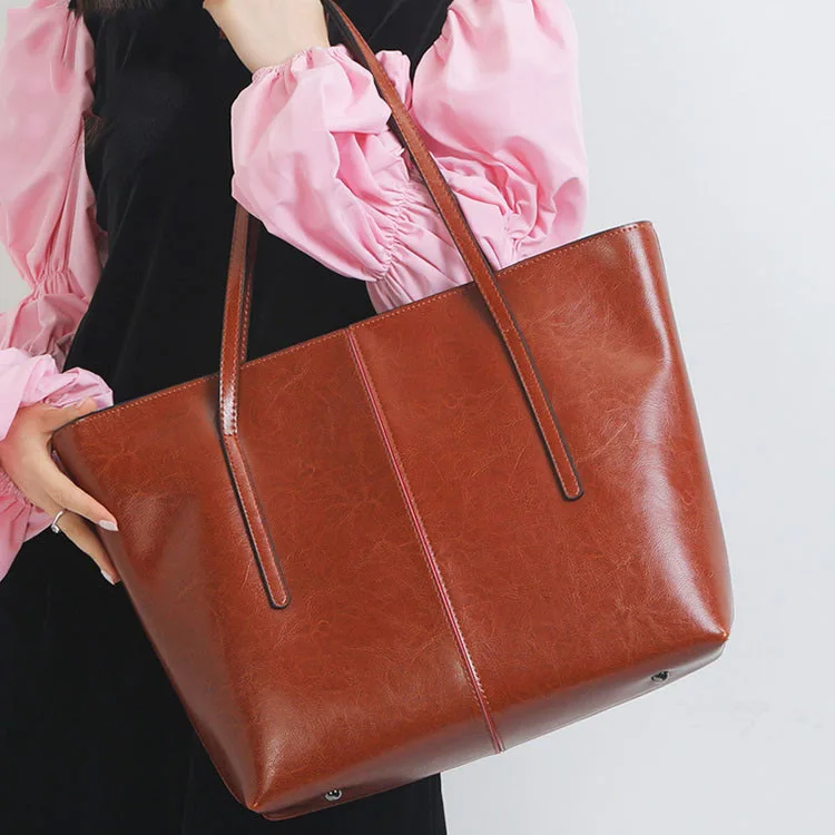 New Simple Genuine Leather Womens Shoulder Bag European And American Retro Tote Bag Two-layer Cowhide Large-capacity Handbag