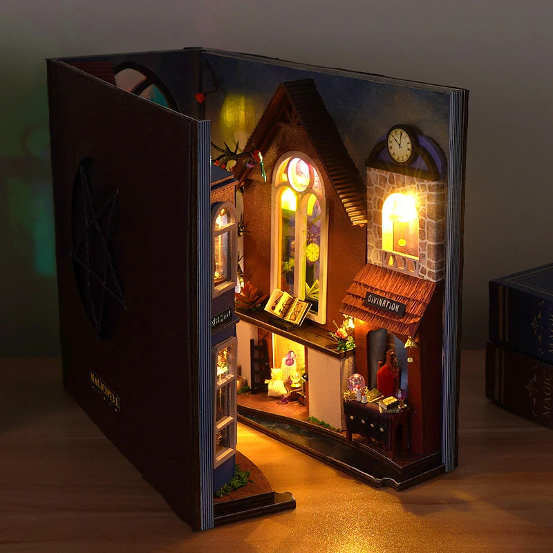 Magic World DIY Book Nook Shelf Insert Kit with LED Light 3D Wooden Model Wizard Street Bookend Assembly Kit
