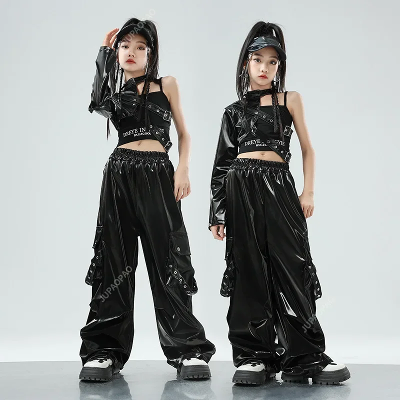 

Modern Hip Hop Dance Clothes Girls Kids Jazz Performance Costume Black Leather Sleeves Tops Pants Kpop Concert Outfits