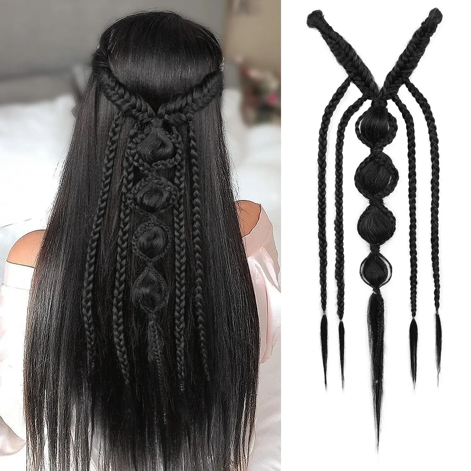 Synthetic Clip in Braid Hair Extensions - Boho Festival Princess Braid Hair Extension, Fairy Cosplay Wedding Hairpiece for Women