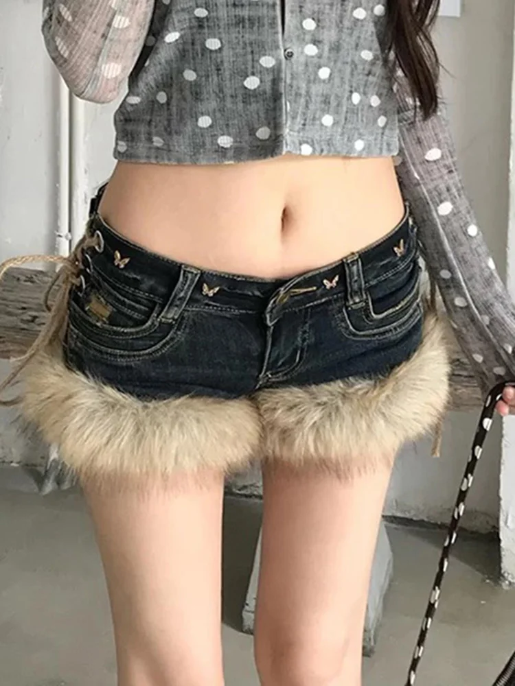 Y2K Jeans Shorts Damen American Retro Plüsch Low Rise Furry Boot Hose Winter