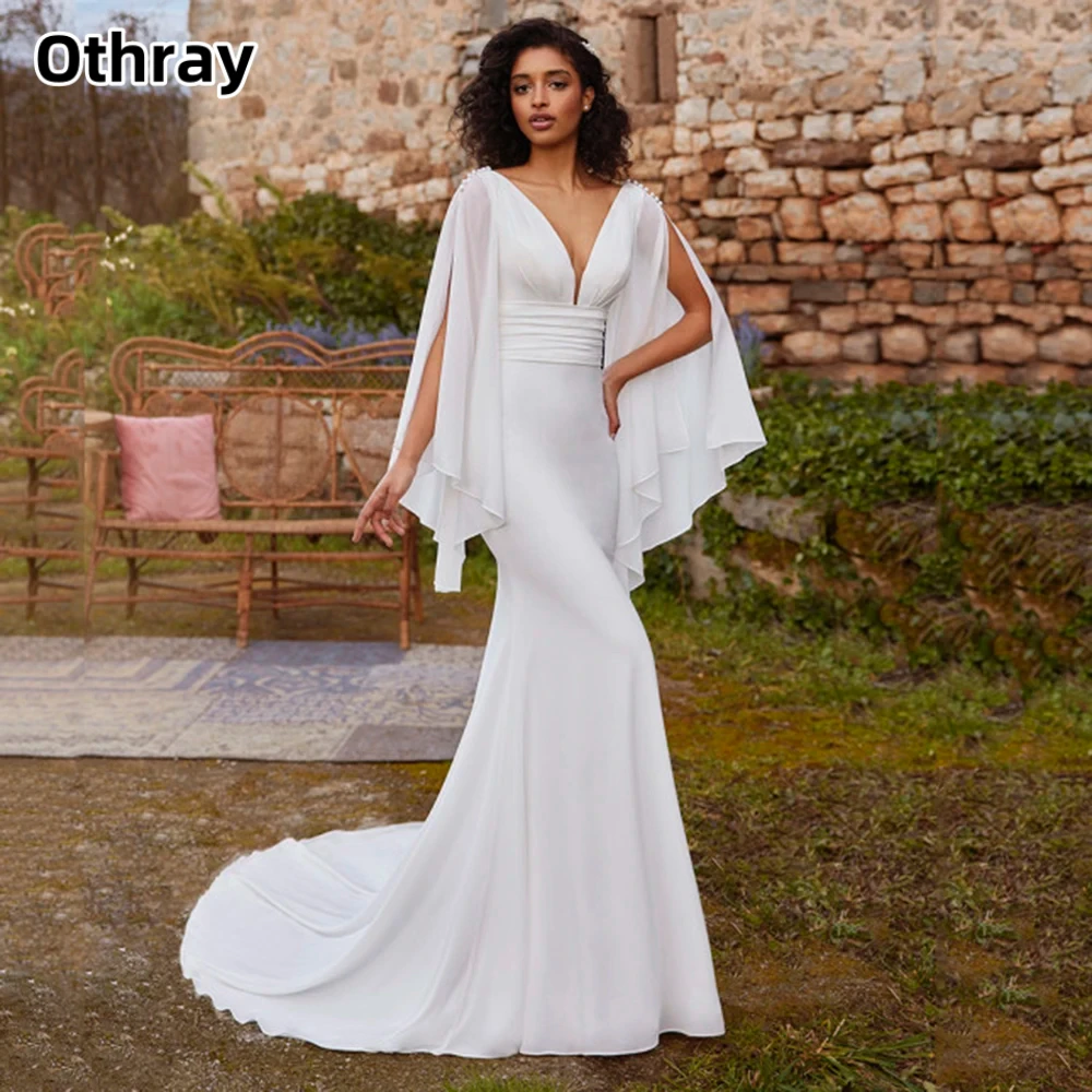 

Othray Simple Deep V-Neck Wedding Dress Chiffon Ruffles Long Sleeves Sexy Mermaid Bride Gown Lace Up Backless Sweep Train