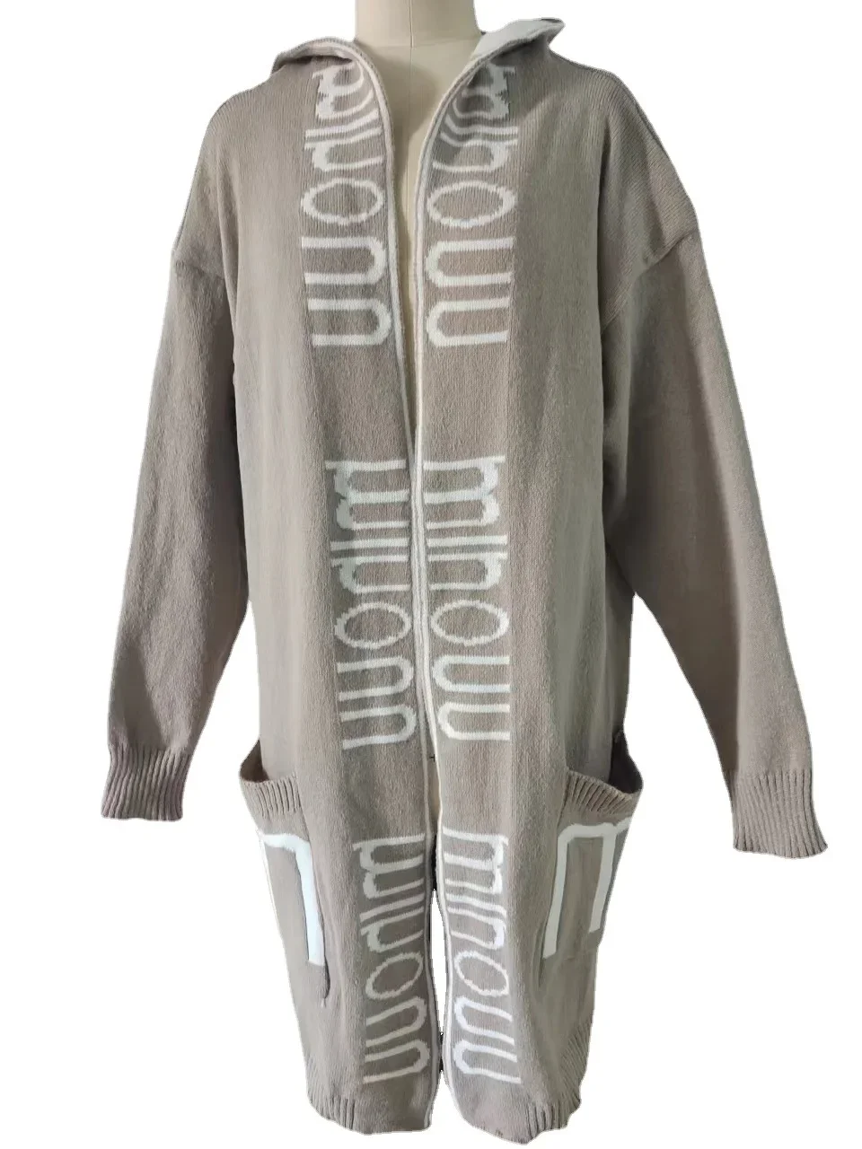 Długi damski kardigan z kapturem, płaszcz dziergany, dzianina we wzory liter, długa dzianina vintage, luźny, monochromatyczny, sweter casualowy