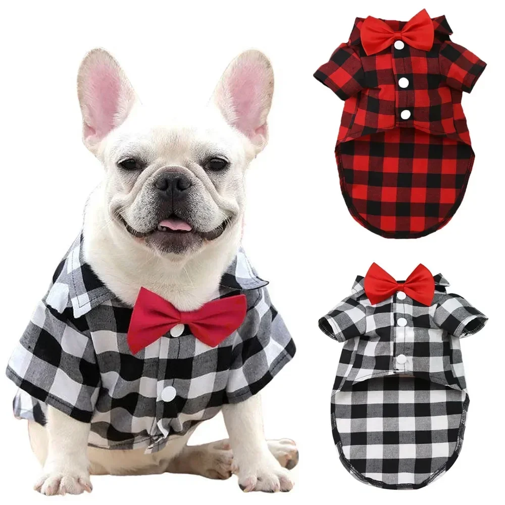 Disfraz clásico de perro Chihuahua, corbata de gato, cachorro mediano, camisa pequeña de moda para Bulldog de verano, ropa a cuadros, camiseta con lazo francés