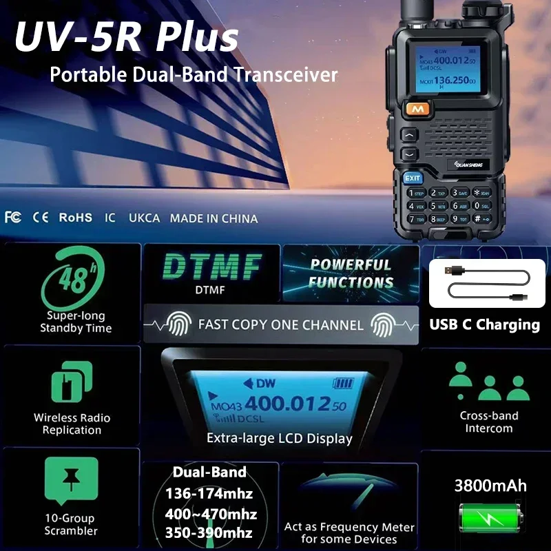 Рация Quansheng UV 5R Plus 5 Вт, 200 каналов, USB Type-C, UHF/VHF, FM, Двухдиапазонная, двухсторонняя беспроводная Частотная репликация