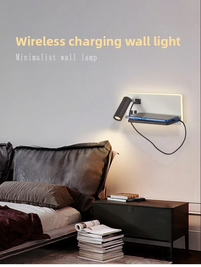 Nordic Wall Mounted Bedside Lamp with Storage Shelf, Switch, USB and Wireless Charging for Bedroom Hotel