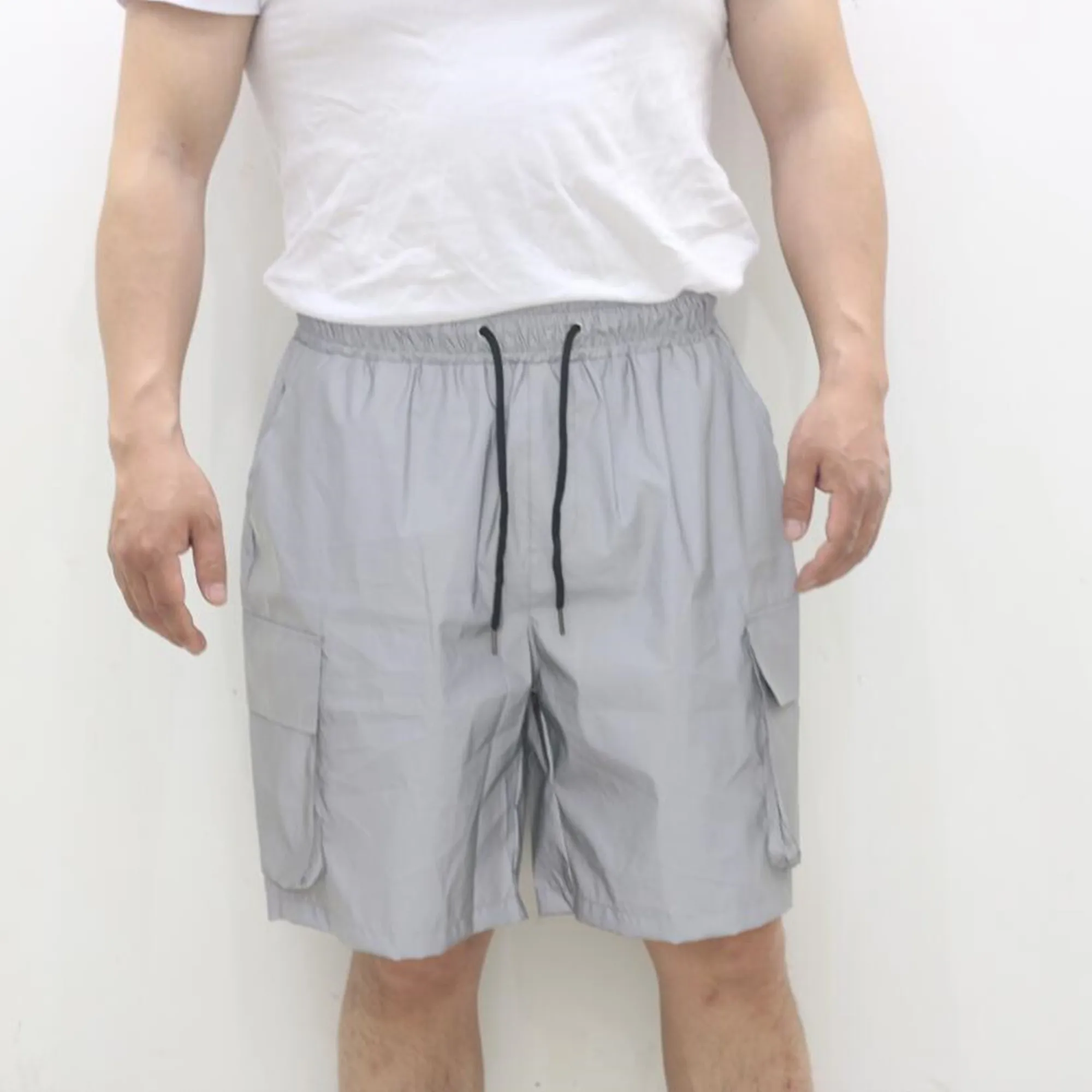 Holographic Men's Gray Reflective White Glow Shorts Festival Party Shorts, Cargo Shorts, Psychedelic Multi-pock