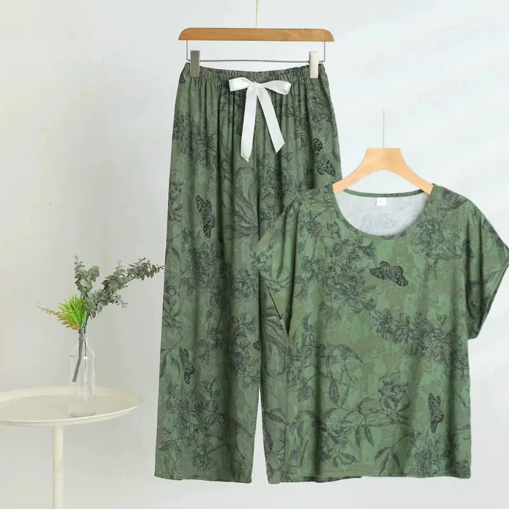 New Summer 2 Piece Set Short Sleeve Sleepwear Pullover Short Sleeve Middle-aged Round Neck Pajama Set Women's Sleeping Clothes