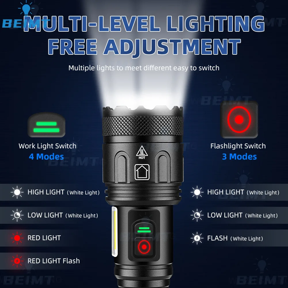 990000LM XHP360 LED+COB White/red Light Outdoor Strong Light Flashlight USB-C Charging Aluminum Alloy with Side Lights LED Torch