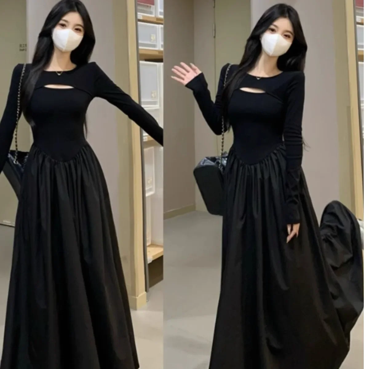 أنيقة سوداء الفرنسية خمر فستان طويل المرأة الراقية هيبورن ملابس داخلية فستان آلهة نمط مخفي سستة إغلاق تنورة