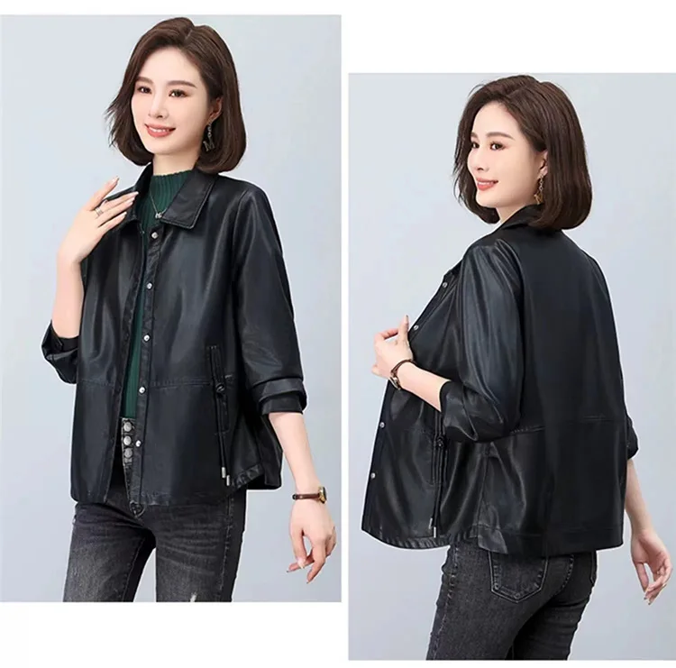 Primavera nueva moda mujer Color sólido cuello vuelto manga larga Casual moda Simple básico abrigos de piel sintética chaqueta femenina
