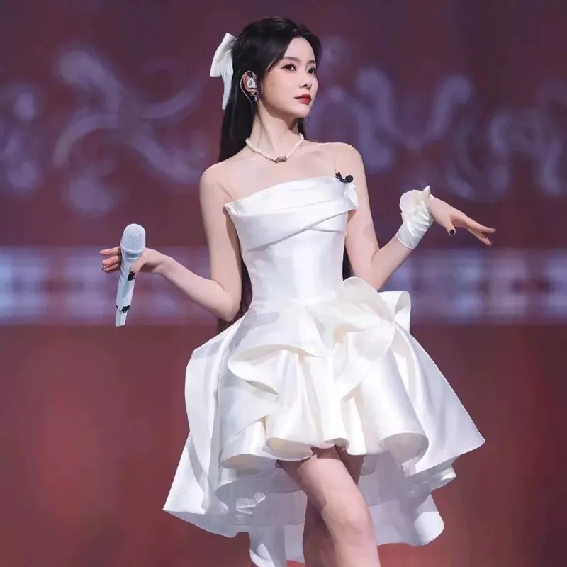 GIYSILE Customized White Light Wedding Dress Evening Gift New Fashion Sexy High-grade One-shoulder Tube Top Satin Princess Dress