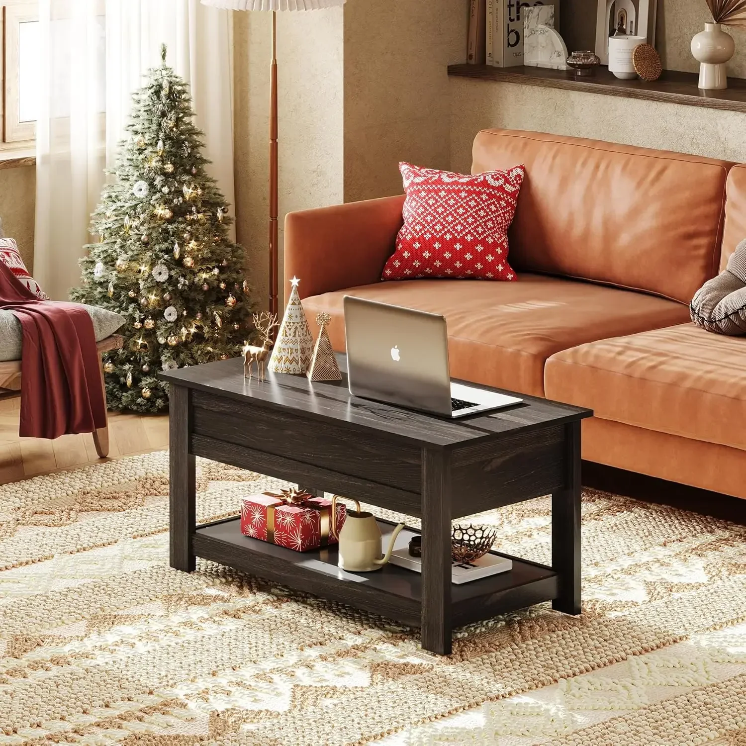 Table basse avec compartiment GNE et étagère de rangement pour salon, table basse élévateur, expresso, 39 po