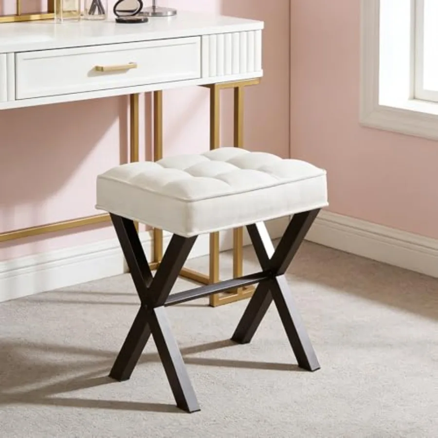 

Modern Square Feet Stool Ottoman Upholstered Vanity Chair with Metal X-Legs and Soft Linen Fabric - Versatile Seat and Footrest