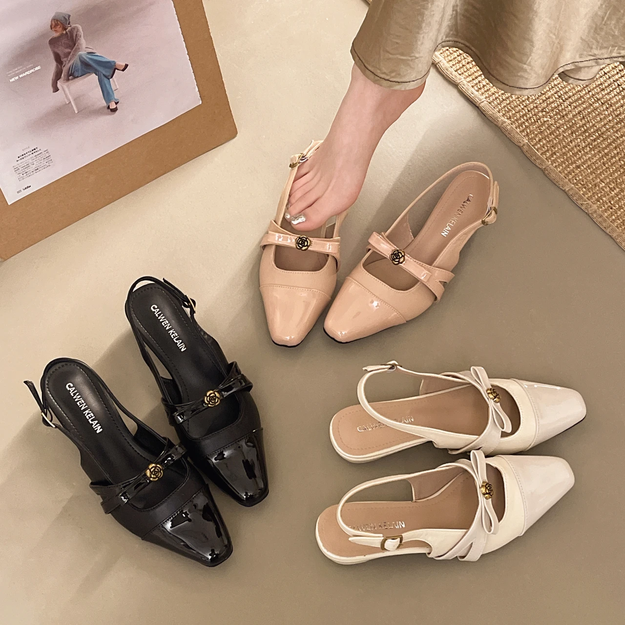 

Женские босоножки Camellia 2026 с одной лямкой и открытой пяткой, квадратный носок, низкий вырез, мягкая подошва, ретро-стиль, элегантные туфли без каблука