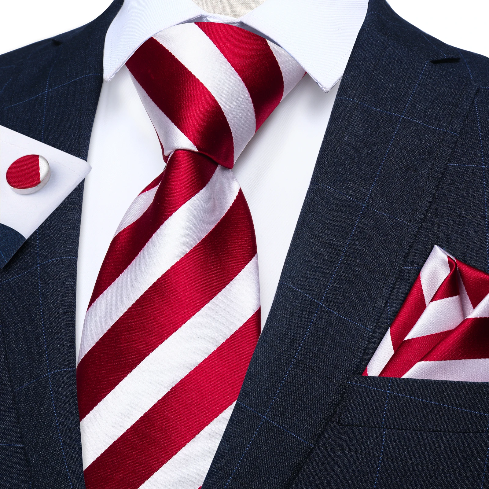 Striped Mens Necktie 3pcs Set, Pairs With Matching Pocket Square And Cufflinks, Great Gift For Grooms, Proms And Daily Suit