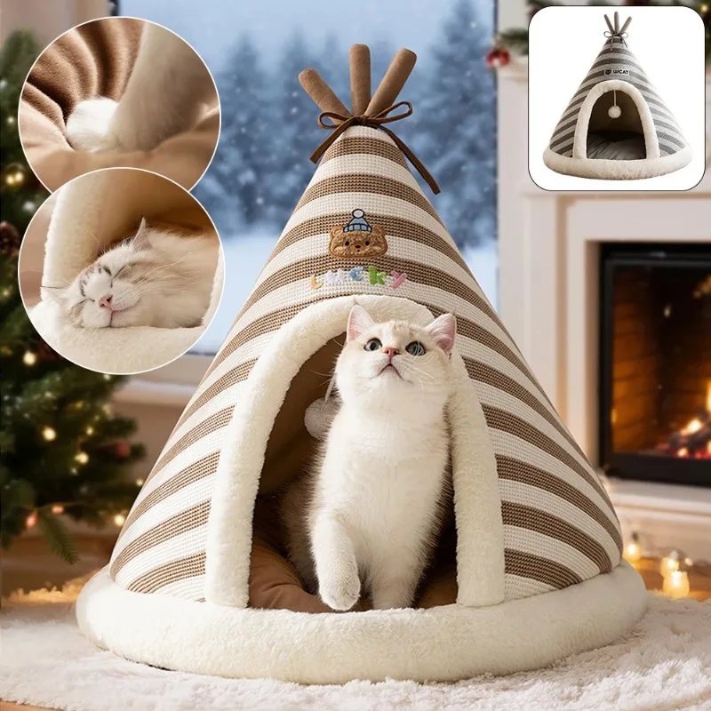 

Cat Bed Winter Warm Plush Tent House with Removable Washable Cover for Indoor Cats and Small Dogs Comfort Anti-Anxiety Warm Cave