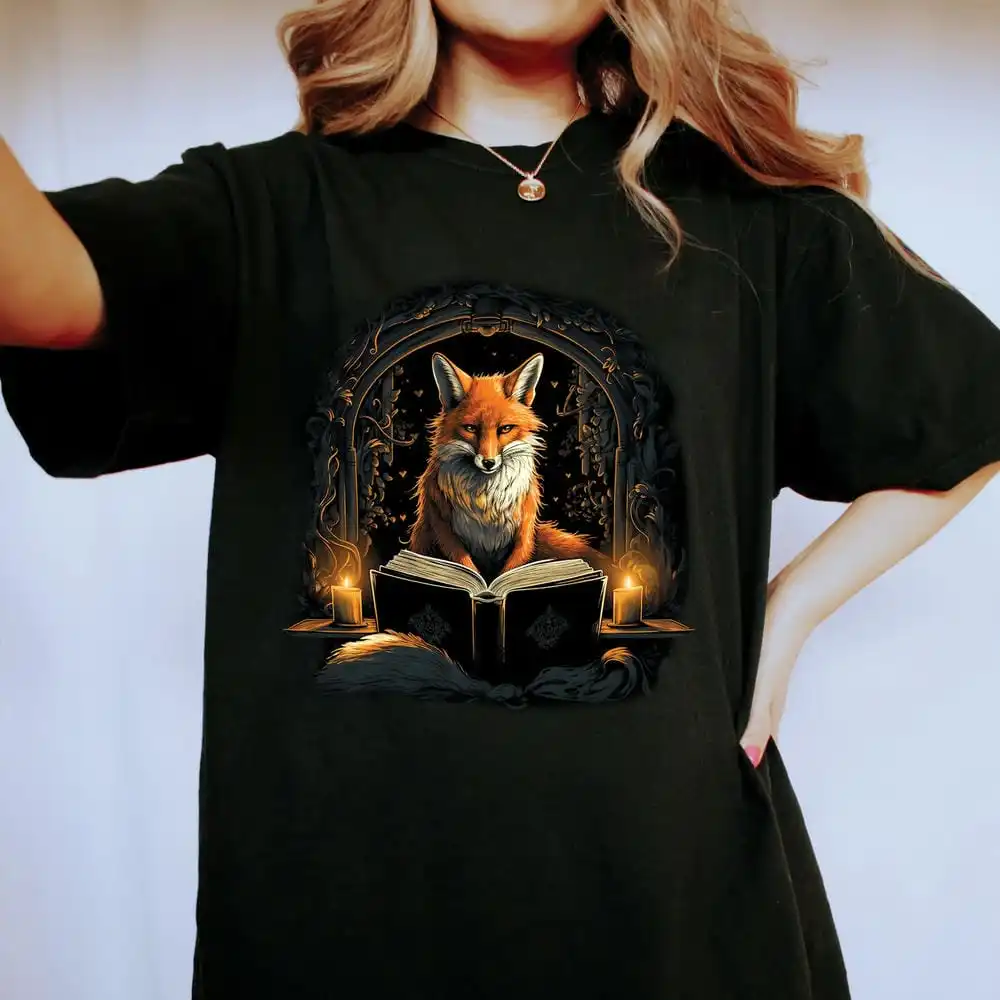 Fox Reading Comfort Shirts Gothic Cottagecore Fox Dark Academia Bookish Shirt Crewneck Casual Daily Unisex Y2K Top Streetwear