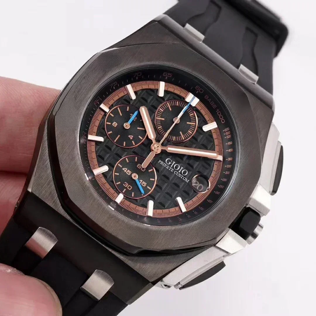 ساعة رجالية جديدة ذات جودة عالية كوارتز كرونوغراف ستانلس ستيل عالية الجودة رياضية مطاط أسود فضي ذهبي وردي