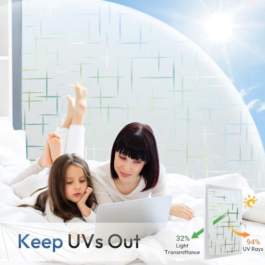 욕실 및 현관문용 장식용 비접착식 프라이버시 필름, 십자 패턴 반투명 유리 효과로 프라이버시 강화