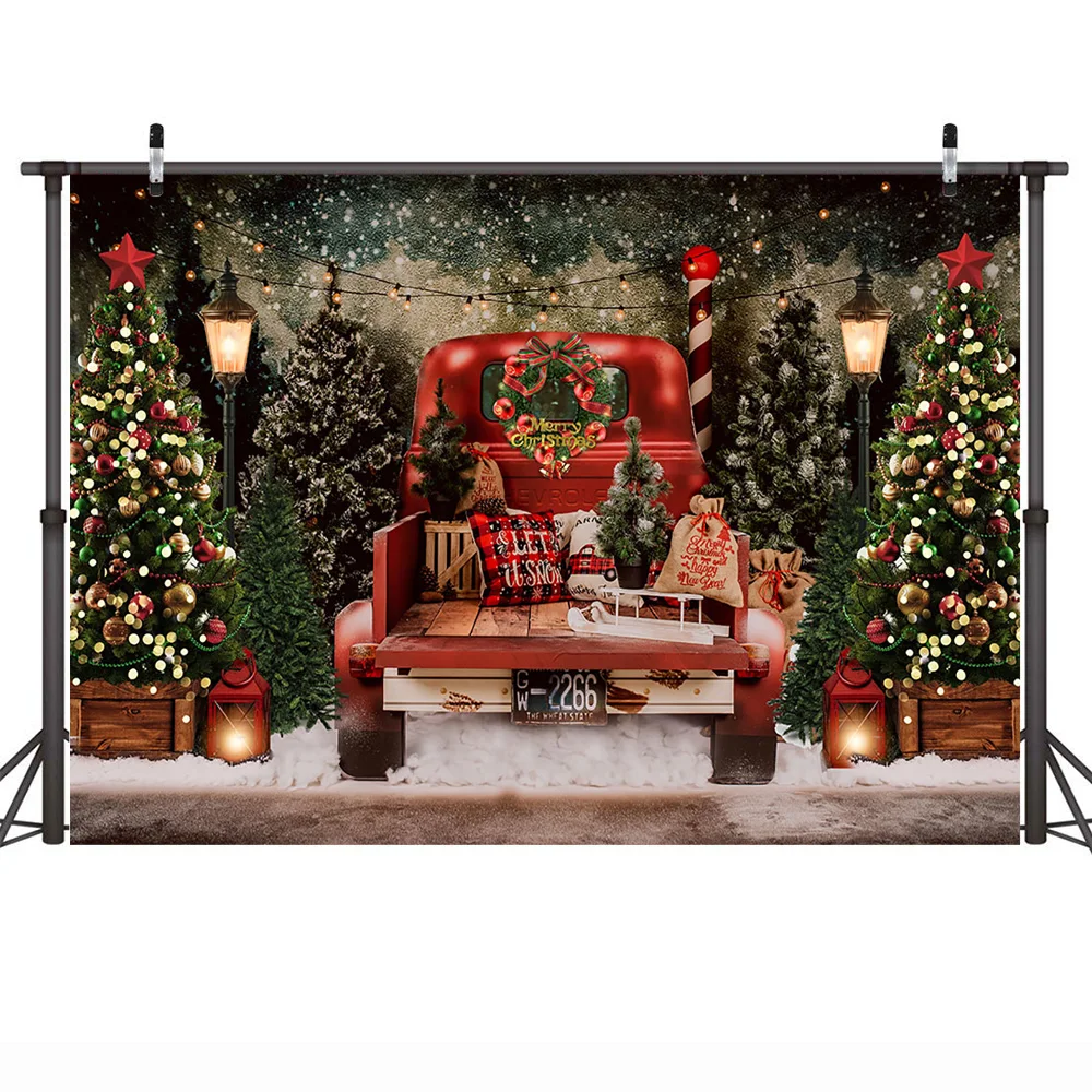 Merry Christmas ภาพฉากหลังรถบรรทุกสีแดงคริสต์มาสต้นไม้ฤดูหนาวพื้นหลังการถ่ายภาพ Snow Pine Forest วันเกิด Portrait Studio Prop