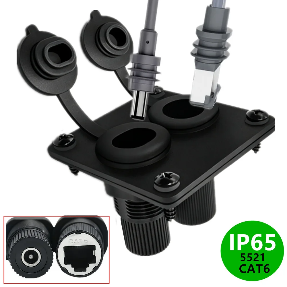 Waterproof RJ45 Category 6 Ethernet Port DC5521 Double Hole Panel Wall Penetrating Waterproof Ethernet Cable Power Head