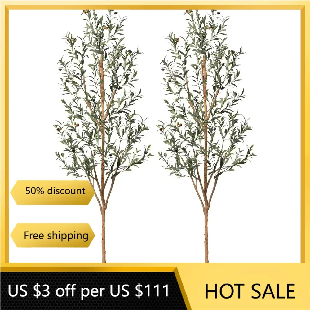 Artificial Olive Tree 7FT Tall Faux Silk Plant for Decor Indoor Fake Potted Tree with Natural Trunk and Lifelike Fruits, 2 Pack