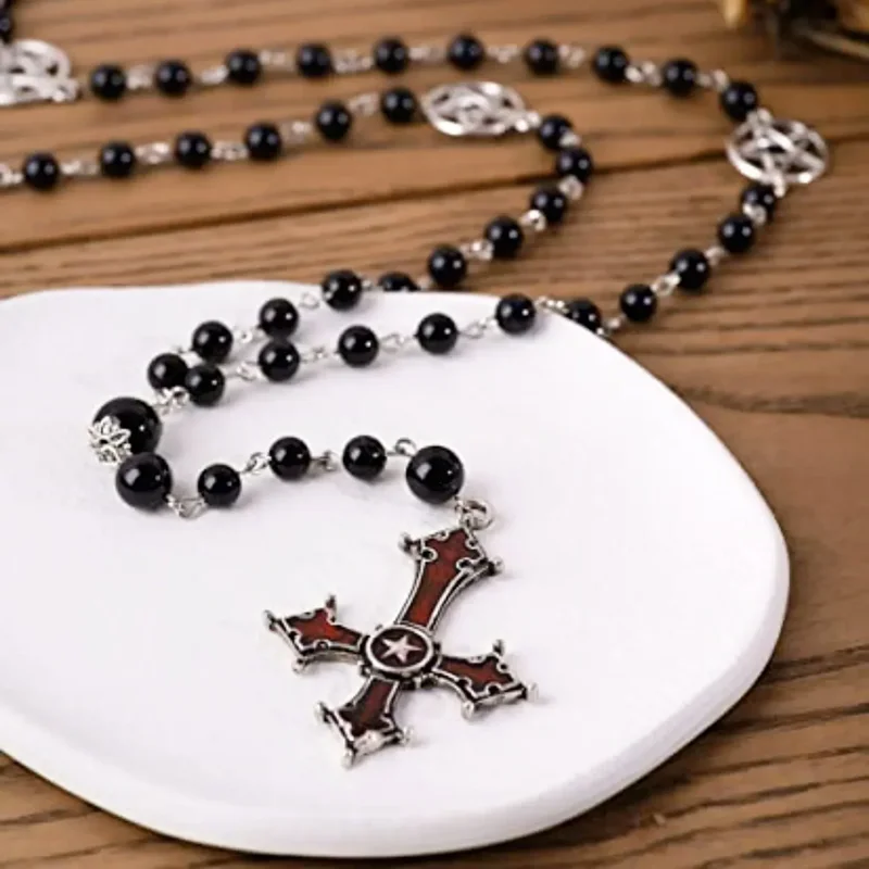 Gothic Beaded Pentagram Inverted Cross Necklace Black Agate Pendant Symbol Original Jewelry Gift Fashion Charm Handmade