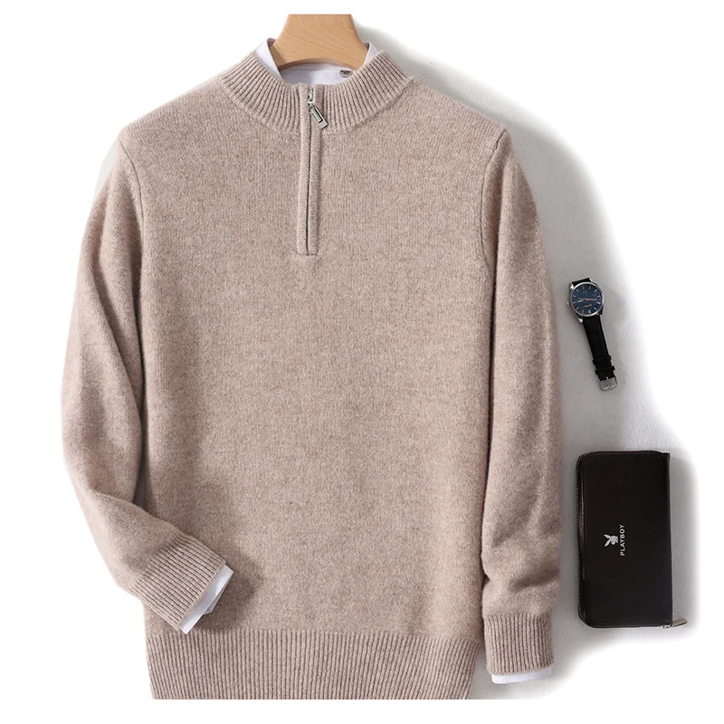 Men's Mock Neck Sweater 100% Merino Wool Knitwea Pullovers Simple Zipper Tops Basic Soft Comfort Warm Chic Casual Long Sleeve