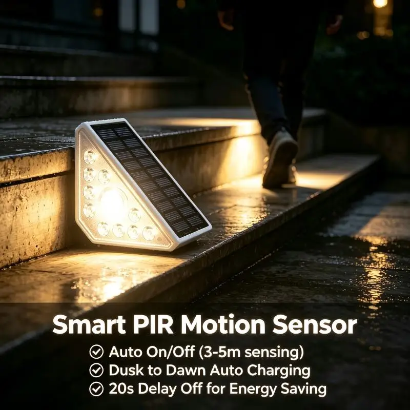 Outdoor Solar Powered PIR Motion Sensor LED Steps Lamp IP65 Waterproof Security Lamp with Easy Install for Stairs Porch Garden