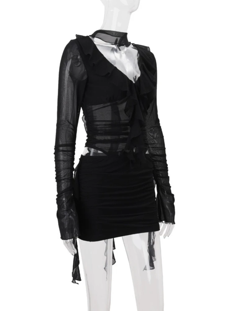 SsTss نساء موضة أسود فستان بكم طويل مثير كشكش تقليم انظر من خلال شبكة قطع الخصر أشرطة سليم فستان النادي الليلي الصغير