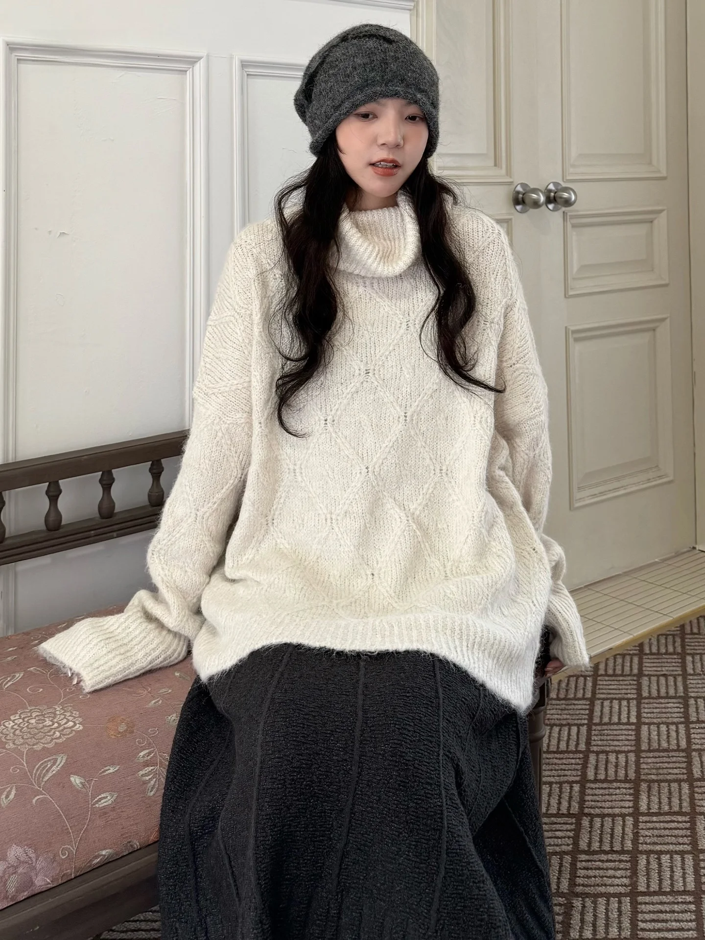 

Warm Wool Blend High Ne Knitted Sweater Cozy Loose Fit Autumn Winter Faion Commute Sle Long Sve Mid-Length Coat