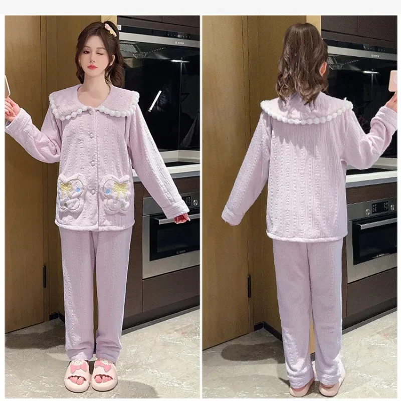 Big Size M-5XL Women Flannel Pajama Set Autumn and Winter Warm Sleepwear Long Sleeve Cardigan Trouser Suit  Home Clothes Outwear
