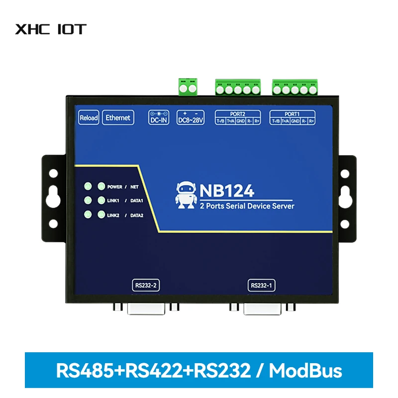 2-Channel Serial Server RS232/422/485 RJ45 XHCIOT NB124ES Modbus Gateway POE Receiving Power TCP/UDP/MQTT DC 8-28V