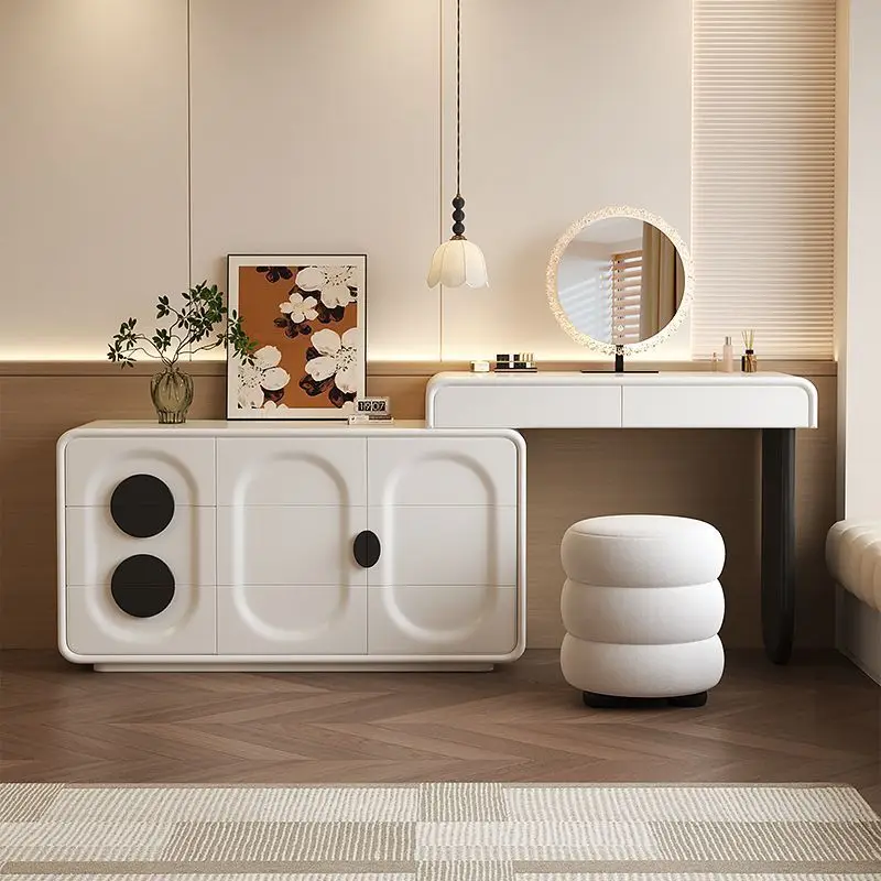プレミアム寝室用シンプルモダン無垢材クリームスタイル化粧台一体型ドレッサーチェスト