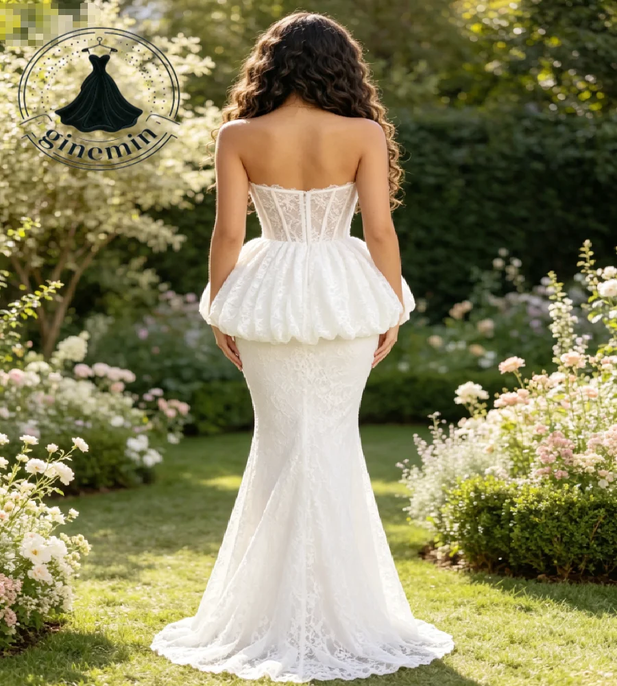 Elegant Mermaid Lace Wedding Dress 2026 Detachable Bubble Peplum Overlay Blush Pink Bohemian Bridal Gowns Floor Length Garden