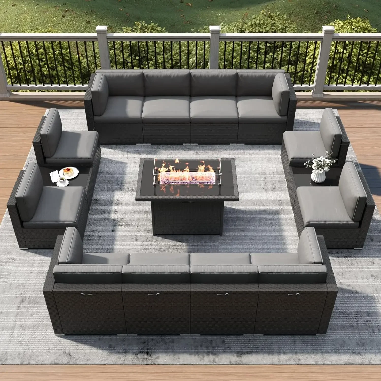 home.15 Piece Patio Furniture Set with Fire Pit Table, Outdoor Conversation Sets Wicker Rattan Sectional Sofa with Coffee Ta