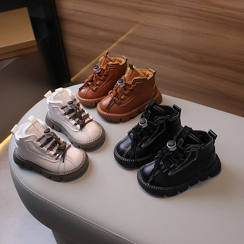 2026 New winter children's snow Sneakers  boys' leather boots, girls' baby plush warm cotton shoes, Kids Shoes