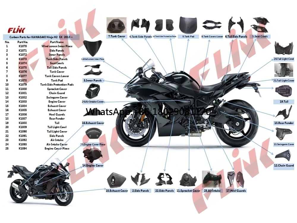 100% pełne włókno węglowe niestandardowe części motocyklowe panele boczne dla KAWASAKI Ninja H2 SX 2018+