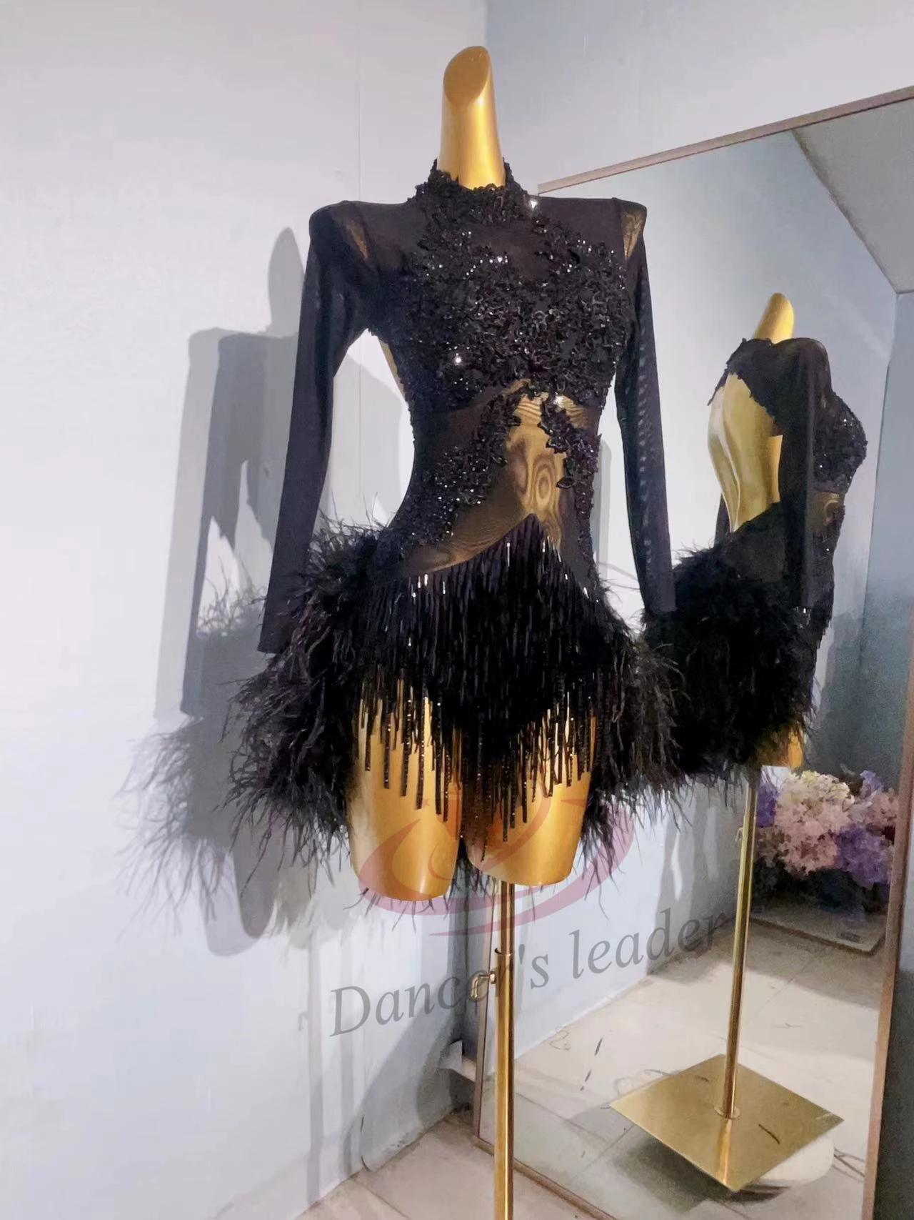 라틴 댄스 국제 무대 경연 대회 드레스 레이스 꽃 다이아몬드 플러시 테일 하이 엔드 맞춤형 삼바 드레스