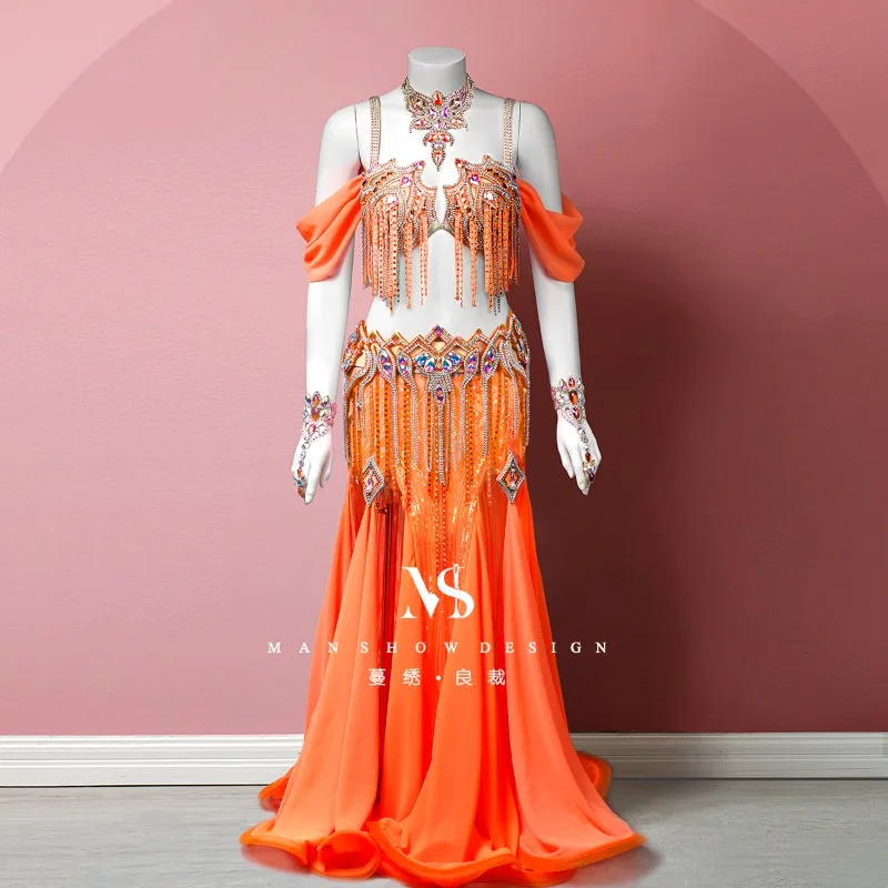 Traje de Danza del Vientre Personalizado Naranja Brillante con Borlas, Cinturón Bordado y Falda Cola de Pez Envolvente en los Glúteos