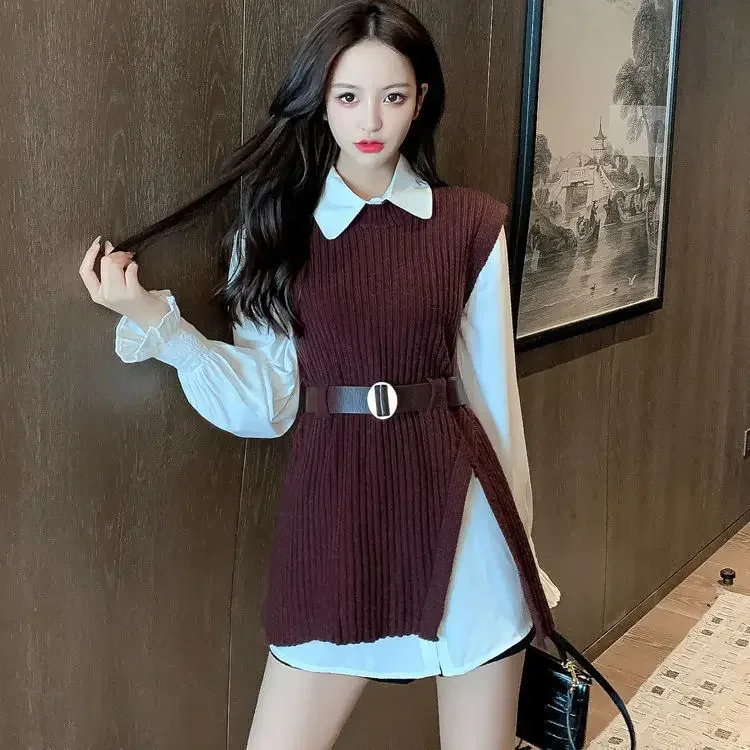 Women Korean Two Piece Sets Turn Down Collar Full Sleeve Shirts Knitted Vests Dresses Set Casual Splice Belt Autumn 2023