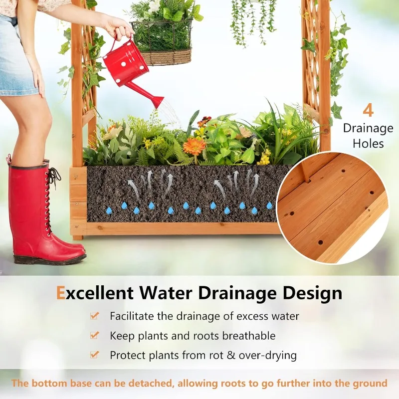 Raised Garden Bed with Arch Trellis, Wood Planter Box with Hanging Roof, Side Trellis, 4 Drainage Holes, Above Ground E