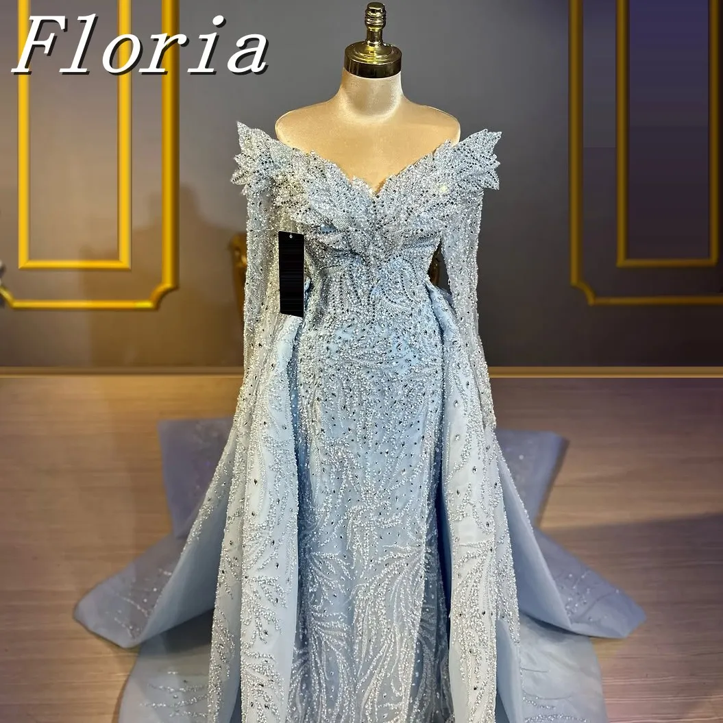 

Blue Beaded Mermaid Wedding Dress with Long Sleeves And Crystals 2025 Bridal Gowns with 3D Leaf Princess Style Customizable
